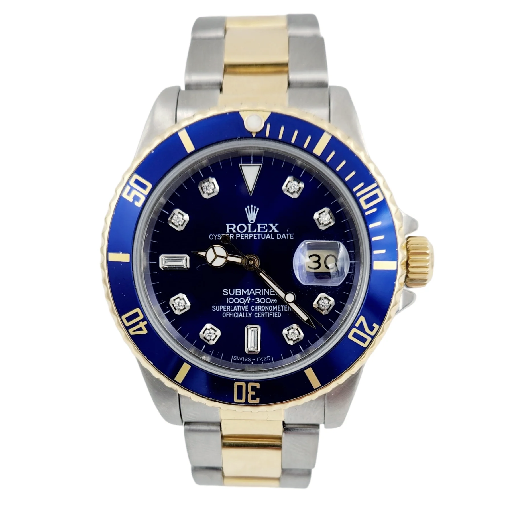 1985 Men's Rolex 40mm Vintage Submariner Oyster Perpetual Two Tone 18K Yellow Gold / Stainless Steel Watch with Blue Diamond Dial and Blue Bezel. (Pre-Owned 16803)