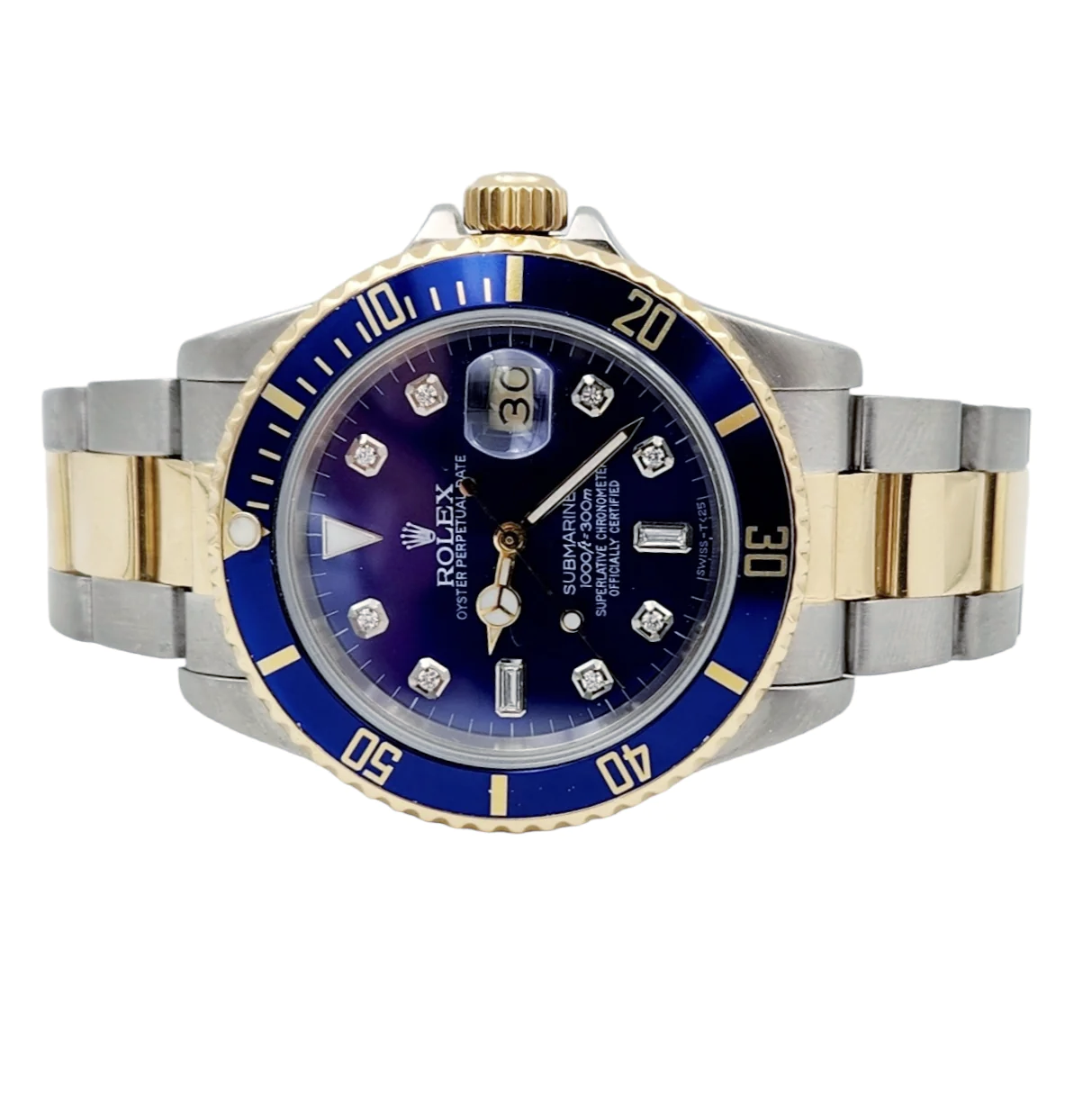 1985 Men's Rolex 40mm Vintage Submariner Oyster Perpetual Two Tone 18K Yellow Gold / Stainless Steel Watch with Blue Diamond Dial and Blue Bezel. (Pre-Owned 16803)