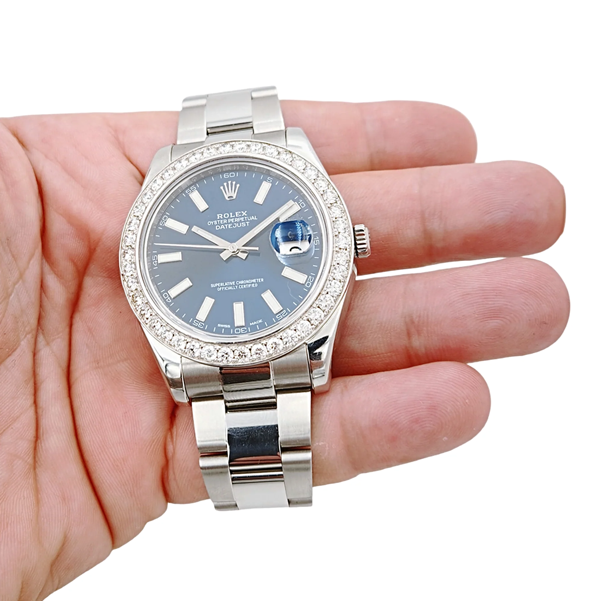 Men's Rolex 41mm DateJust Stainless Steel Watch with Blue Dial and Diamond Bezel. (Pre-Owned 116300)