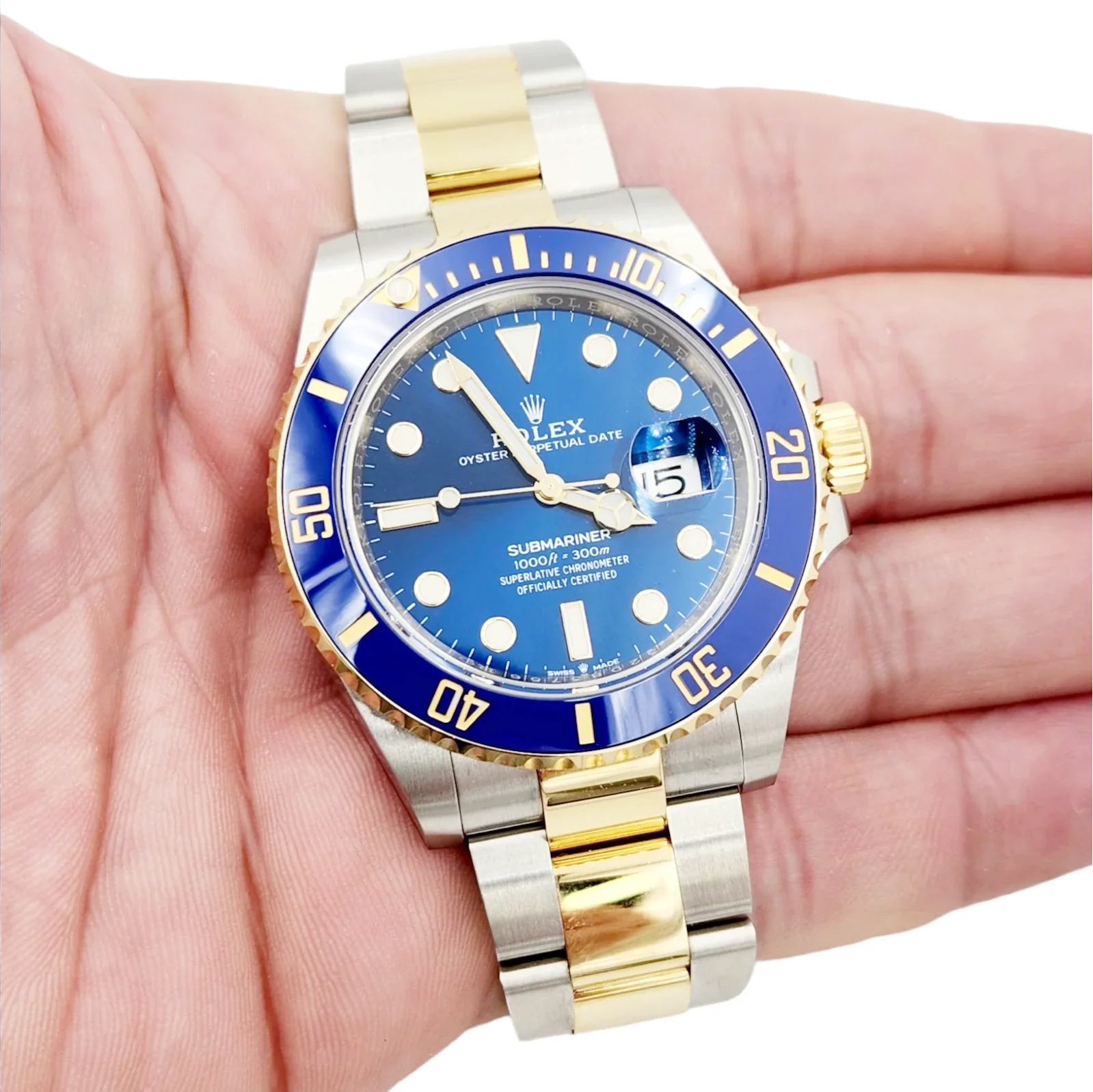 2022 Men's Rolex 40mm Submariner Oyster Perpetual Two Tone 18K Yellow Gold / Stainless Steel Watch with Blue Dial and Blue Bezel. (Unworn 126613LB)