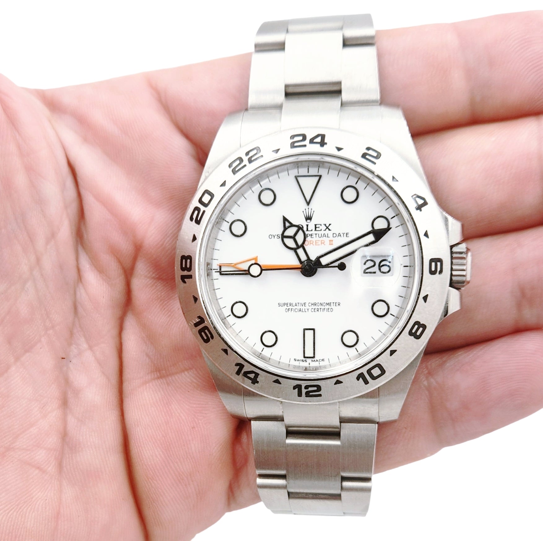 Men's Rolex 42mm Explorer II Stainless Steel Watch with Oyster Band and White Dial. (Pre-Owned 216570)