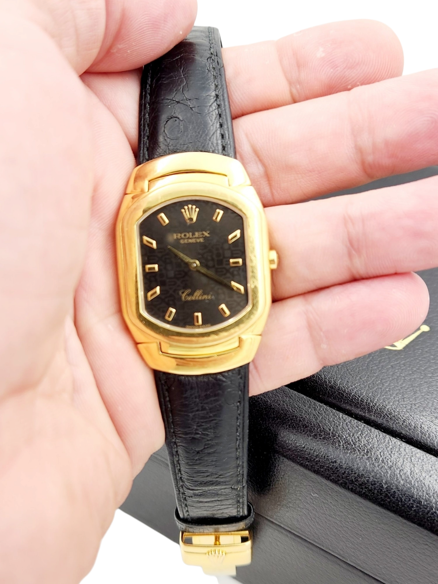 🏷️ PRICE CUT Men's Rolex Cellini Vintage 18K Yellow Gold Watch with Black Dial and Black Leather Strap. (Pre-Owned 6633)