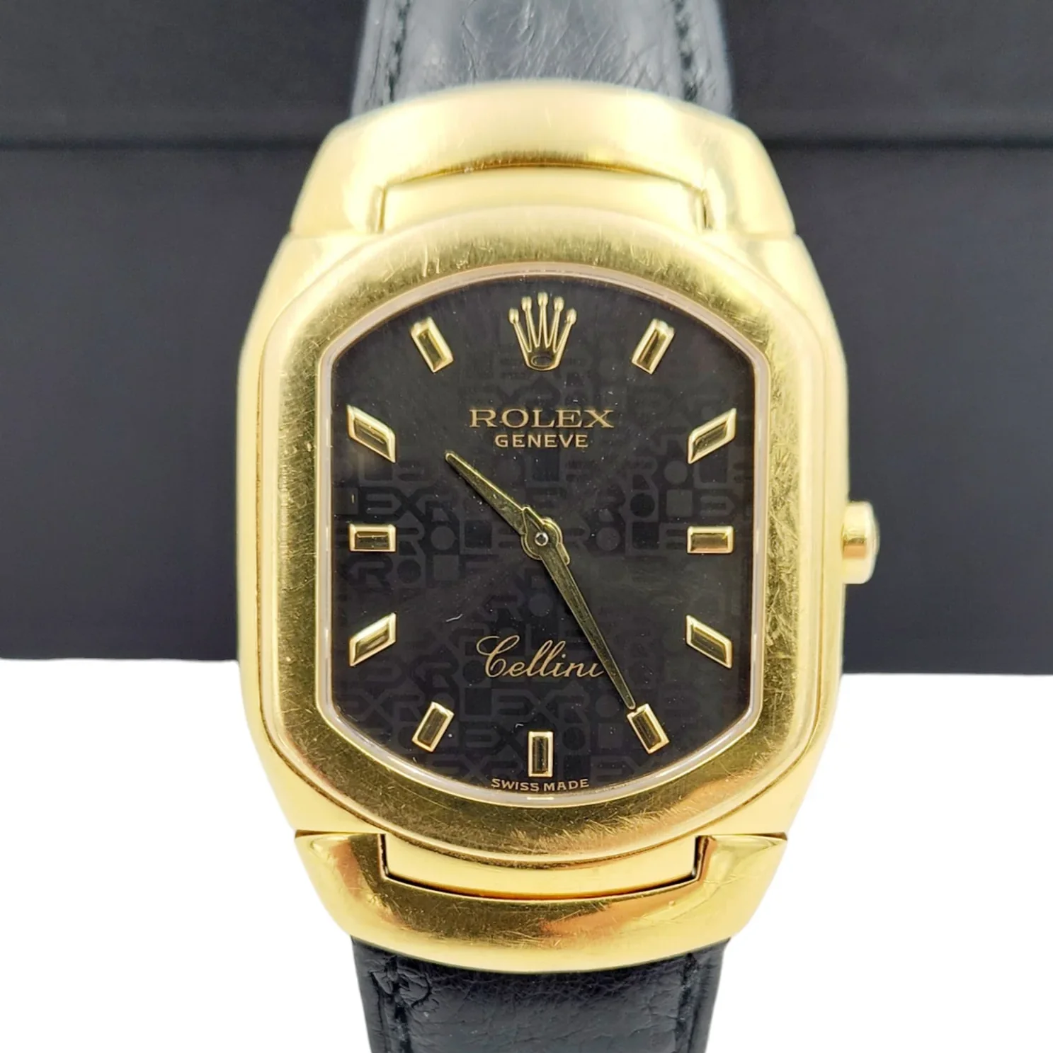 🏷️ PRICE CUT Men's Rolex Cellini Vintage 18K Yellow Gold Watch with Black Dial and Black Leather Strap. (Pre-Owned 6633)