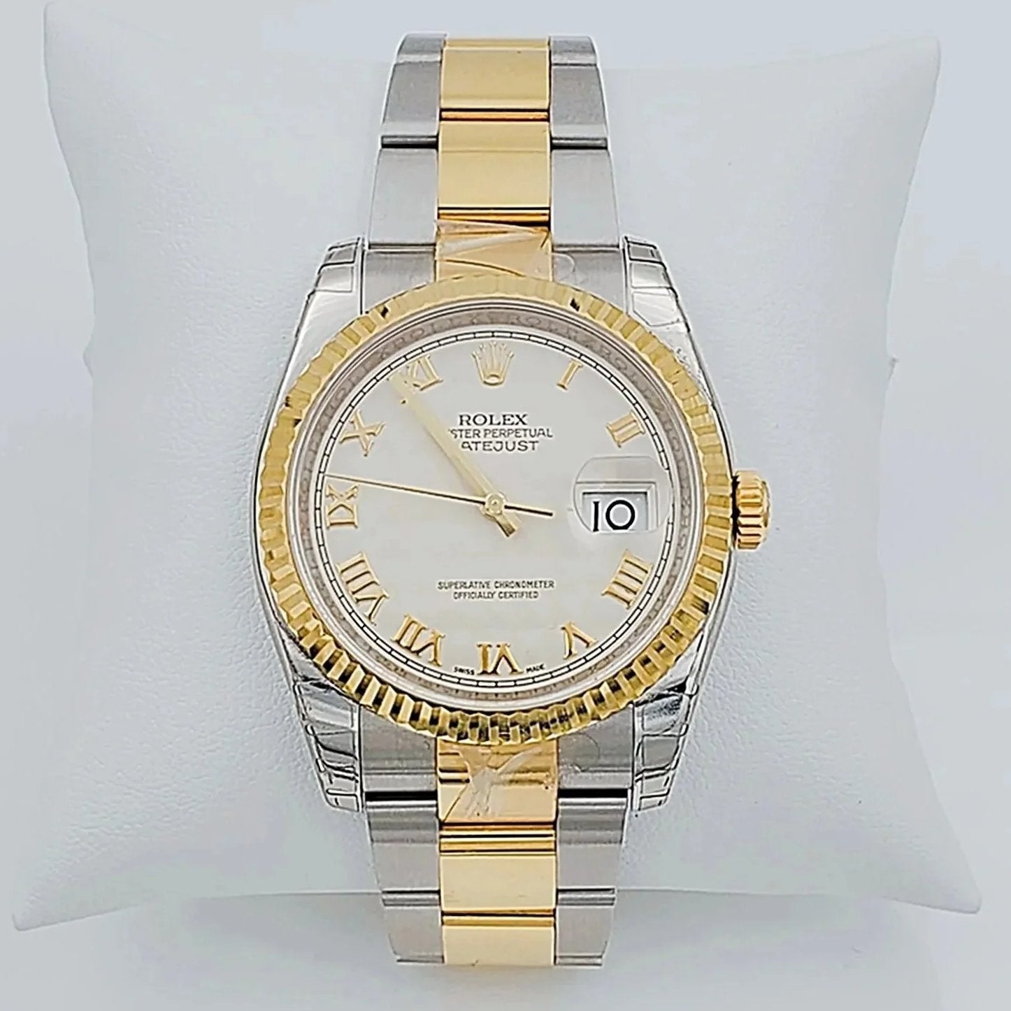 Men's Rolex DateJust 36mm Oyster Perpetual Two Tone 18K Gold / Stainless Steel B& Wristwatch w/ Egg Shell Dial & Fluted Bezel. (UNWORN 116203)