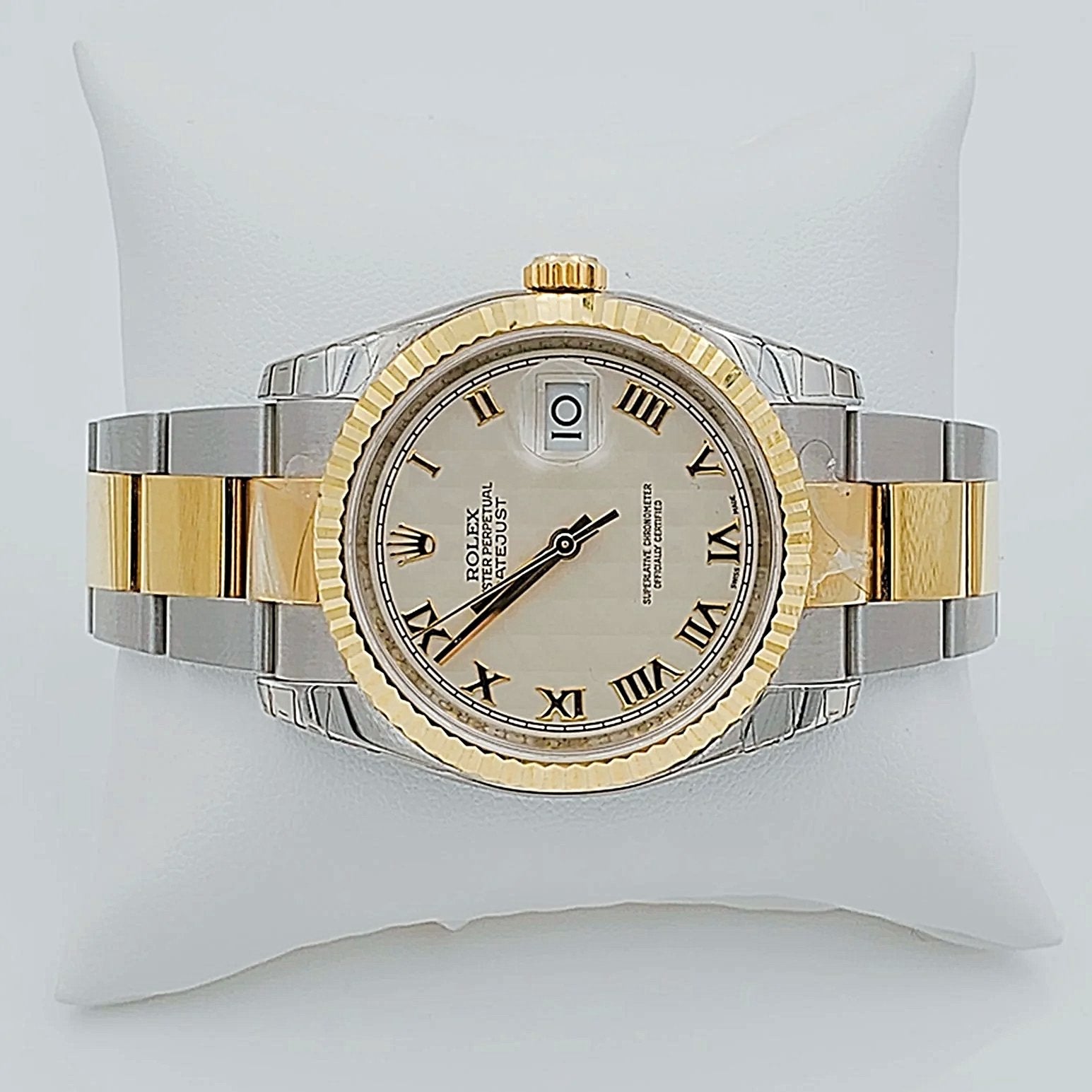 *Men's Rolex DateJust 36mm Oyster Perpetual Two Tone 18K Gold / Stainless Steel Band Watch with Egg Shell Dial and Fluted Bezel. (UNWORN 116203)
