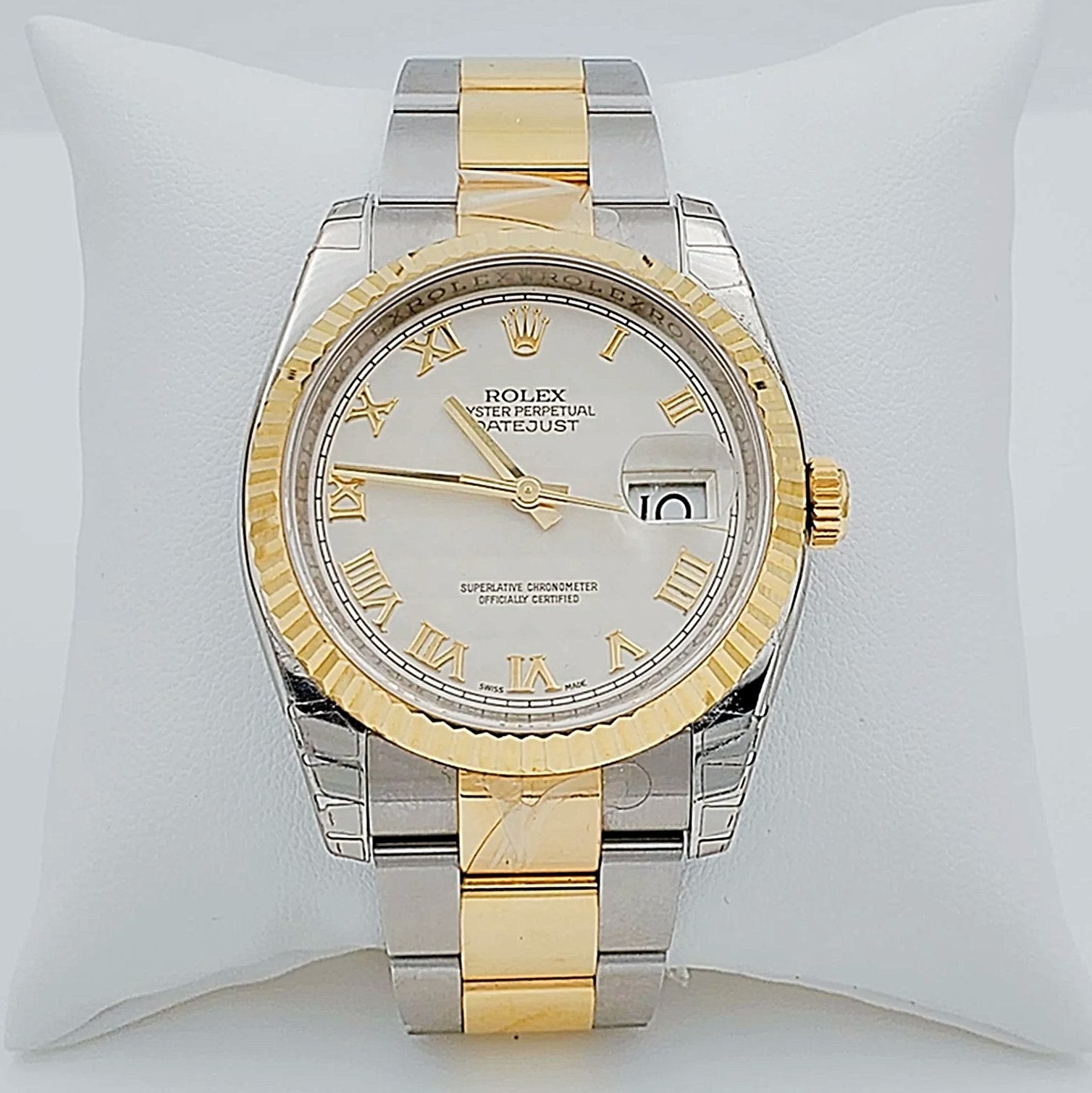 *Men's Rolex DateJust 36mm Oyster Perpetual Two Tone 18K Gold / Stainless Steel Band Watch with Egg Shell Dial and Fluted Bezel. (UNWORN 116203)