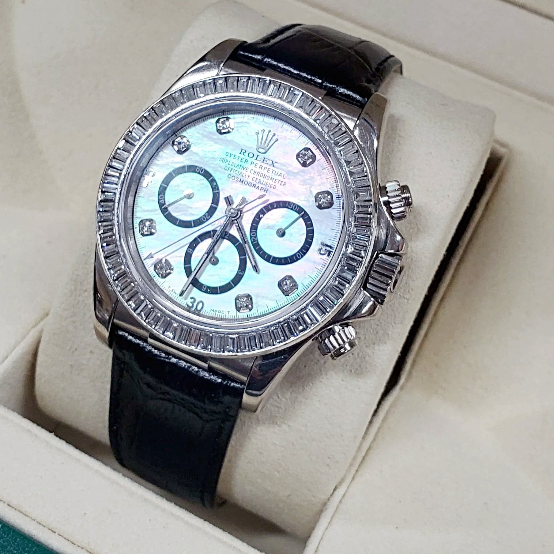Men's Rolex Mother of Pearl Daytona Leather Strap Watch with Diamond Bezel and Diamond Dial. (Pre-Owned 116518)
