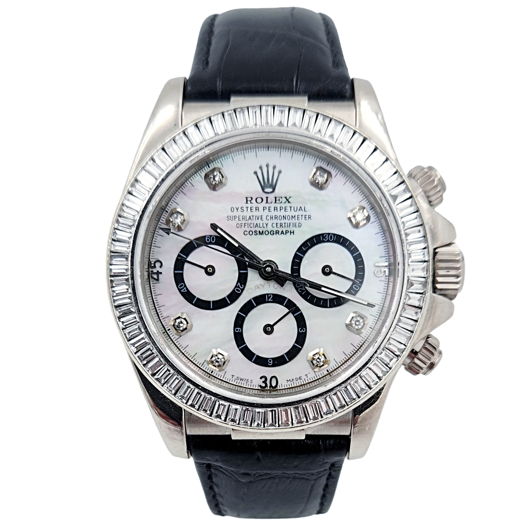 Men's Rolex Daytona  40mm Leather B& Wristwatch w/ Mother of Pearl Diamond Dial & Diamond Bezel. (Pre-Owned 116518)