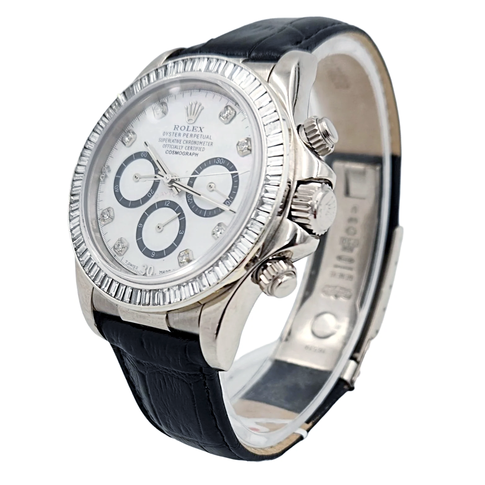 Men's Rolex Daytona  40mm Leather Band Watch with Mother of Pearl Diamond Dial and Diamond Bezel. (Pre-Owned 116518)