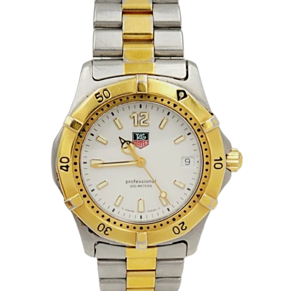 🏷️ PRICE CUT Men's TAG Heuer Aquaracer 37mm Two Tone 18K Yellow Gold Plated / Stainless Steel Watch with White Dial and Rotating Bezel. (Pre-Owned)