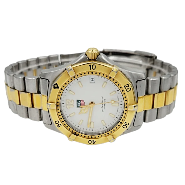 🏷️ PRICE CUT Men's TAG Heuer Aquaracer 37mm Two Tone 18K Yellow Gold Plated / Stainless Steel Watch with White Dial and Rotating Bezel. (Pre-Owned)