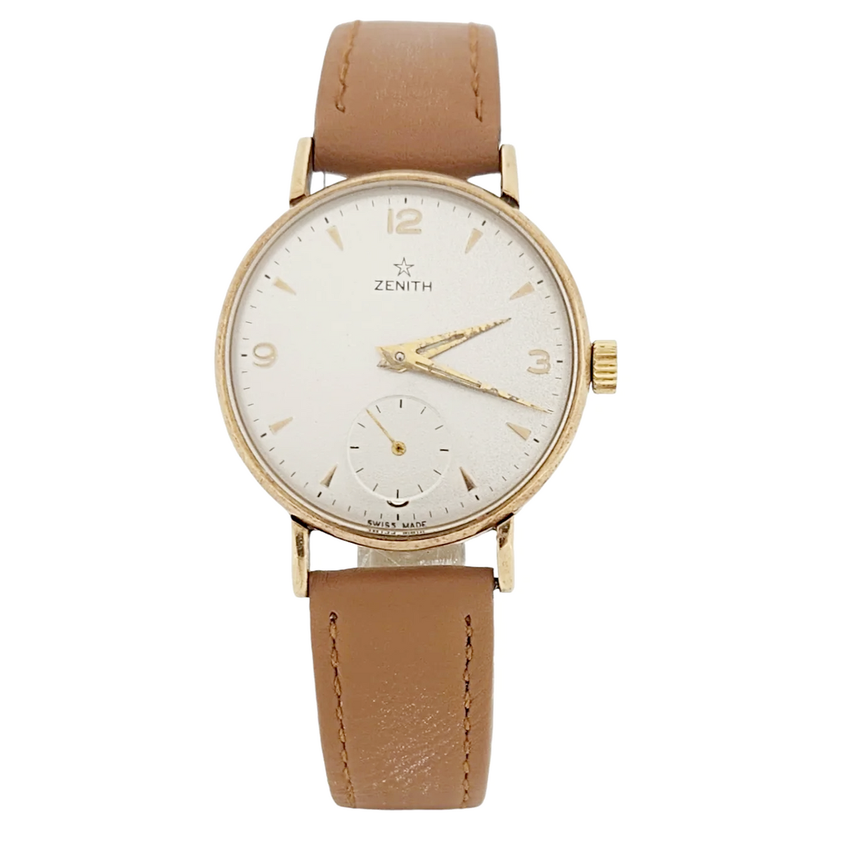 Men's Zenith Stellina 32mm Vintage 10K Yellow Gold Automatic Watch with Brown Leather Strap and Silver Dial. (Pre-Owned)