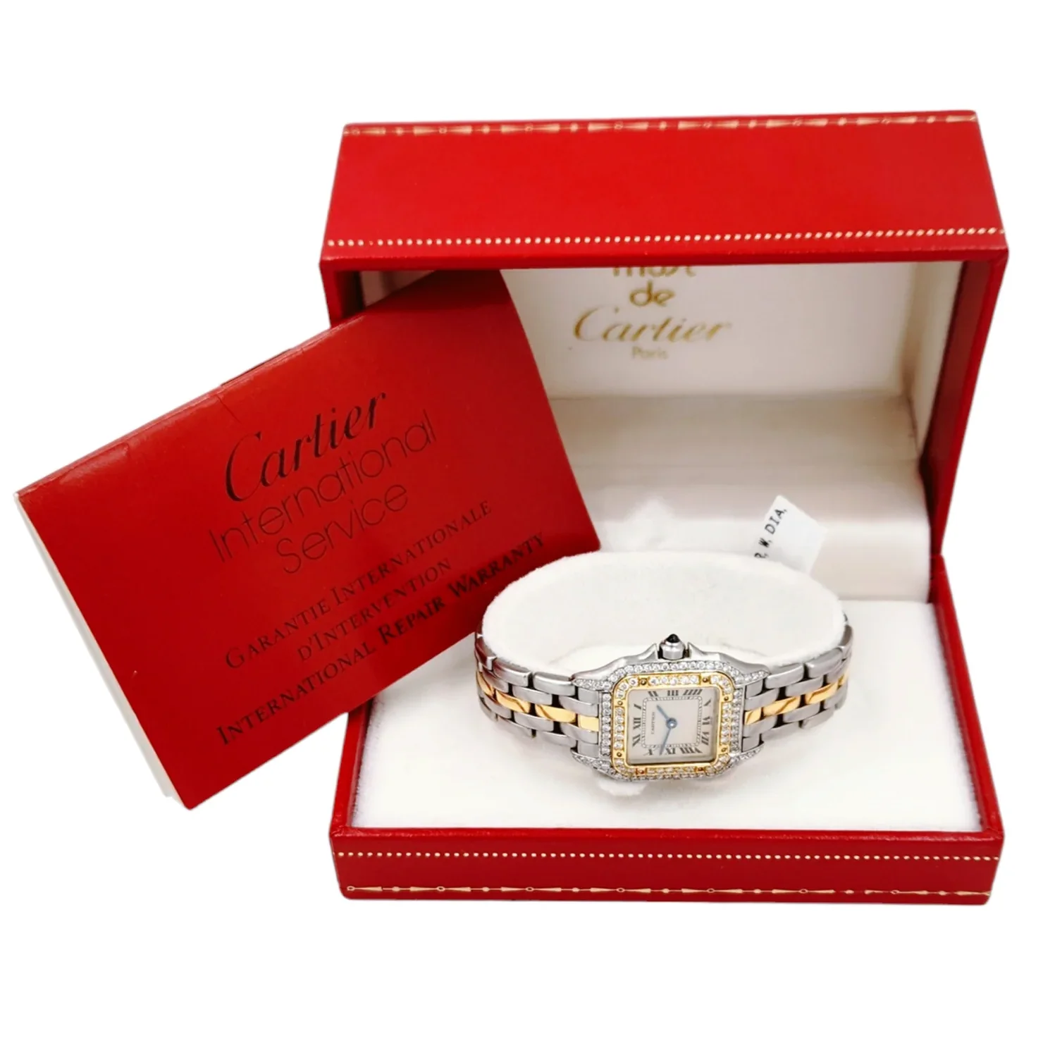 Ladies Small Cartier Panthere 22mm x 30mm Watch in 18K Yellow Gold / Stainless Steel with Diamond Bezel and White Dial. (Pre-Owned)