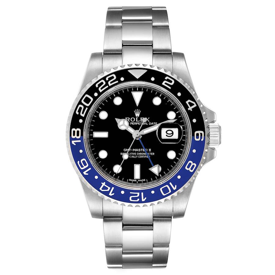 🏷️ PRICE CUT Men's Rolex 40mm GMT Master II "Batman" Stainless Steel Watch with Black Dial / Black and Blue Bezel. (Pre-Owned 116710)