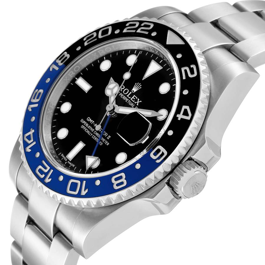 🏷️ PRICE CUT Men's Rolex 40mm GMT Master II "Batman" Stainless Steel Watch with Black Dial / Black and Blue Bezel. (Pre-Owned 116710)