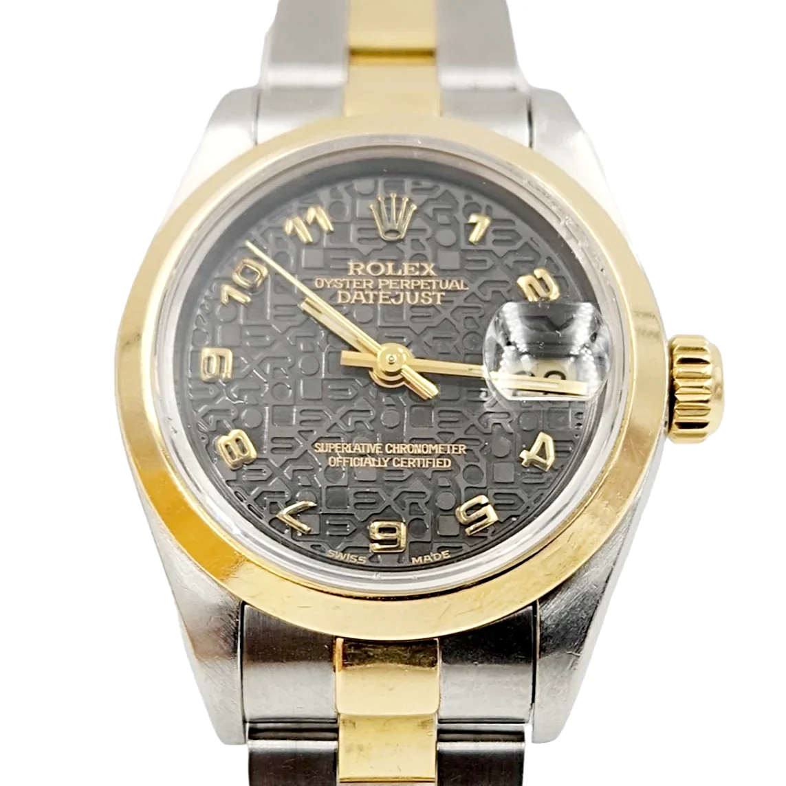 Ladies Rolex 26mm DateJust Two Tone 18K Yellow Gold / Stainless Steel Watch with Dark Brown Slate Dial and Smooth Bezel. (Pre-Owned 69163)