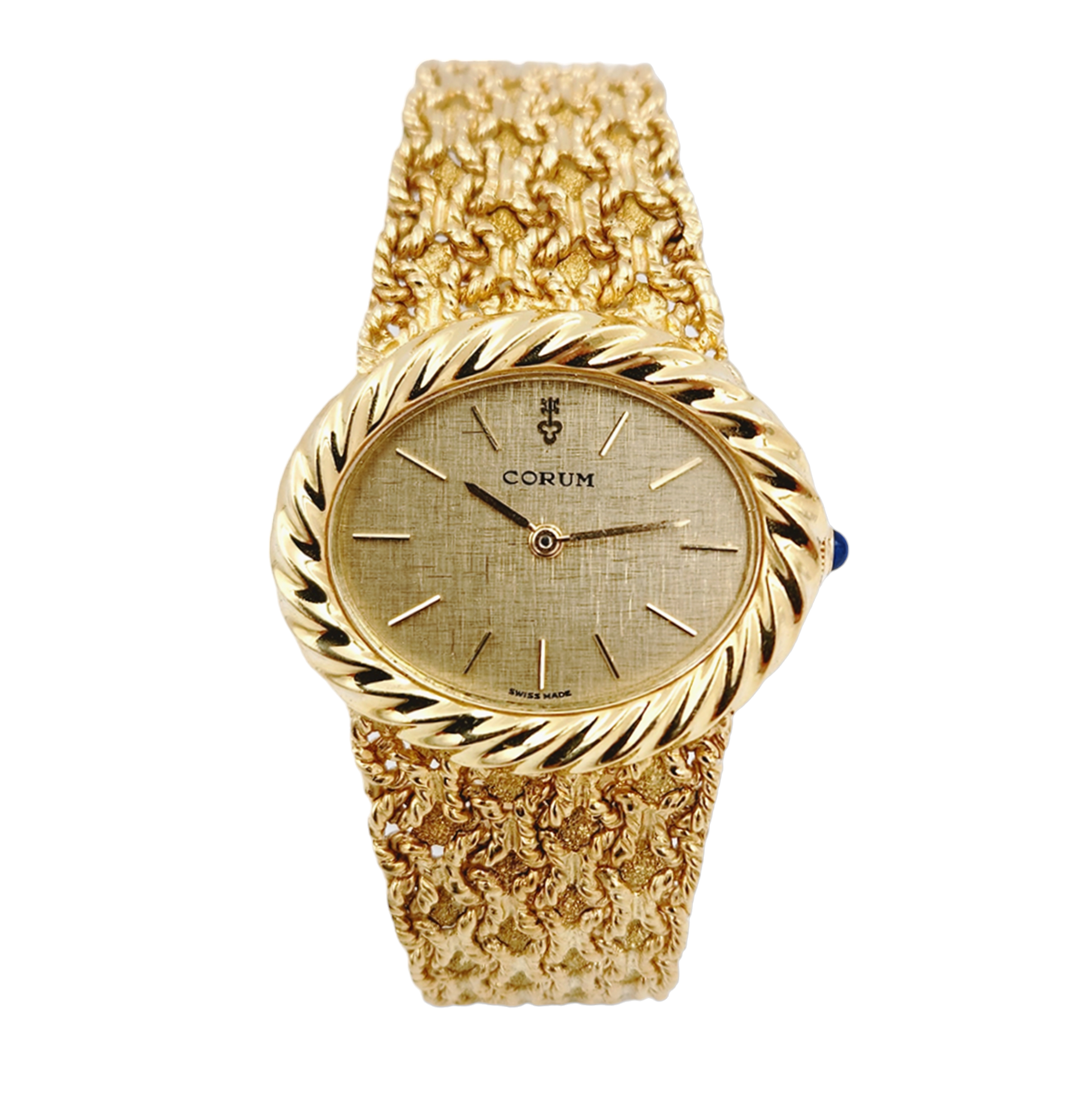 Ladies Corum 26mm x 30mm Oval Vintage 18K Yellow Gold Watch with Gold Dial and Weave Bezel. (Pre-Owned)