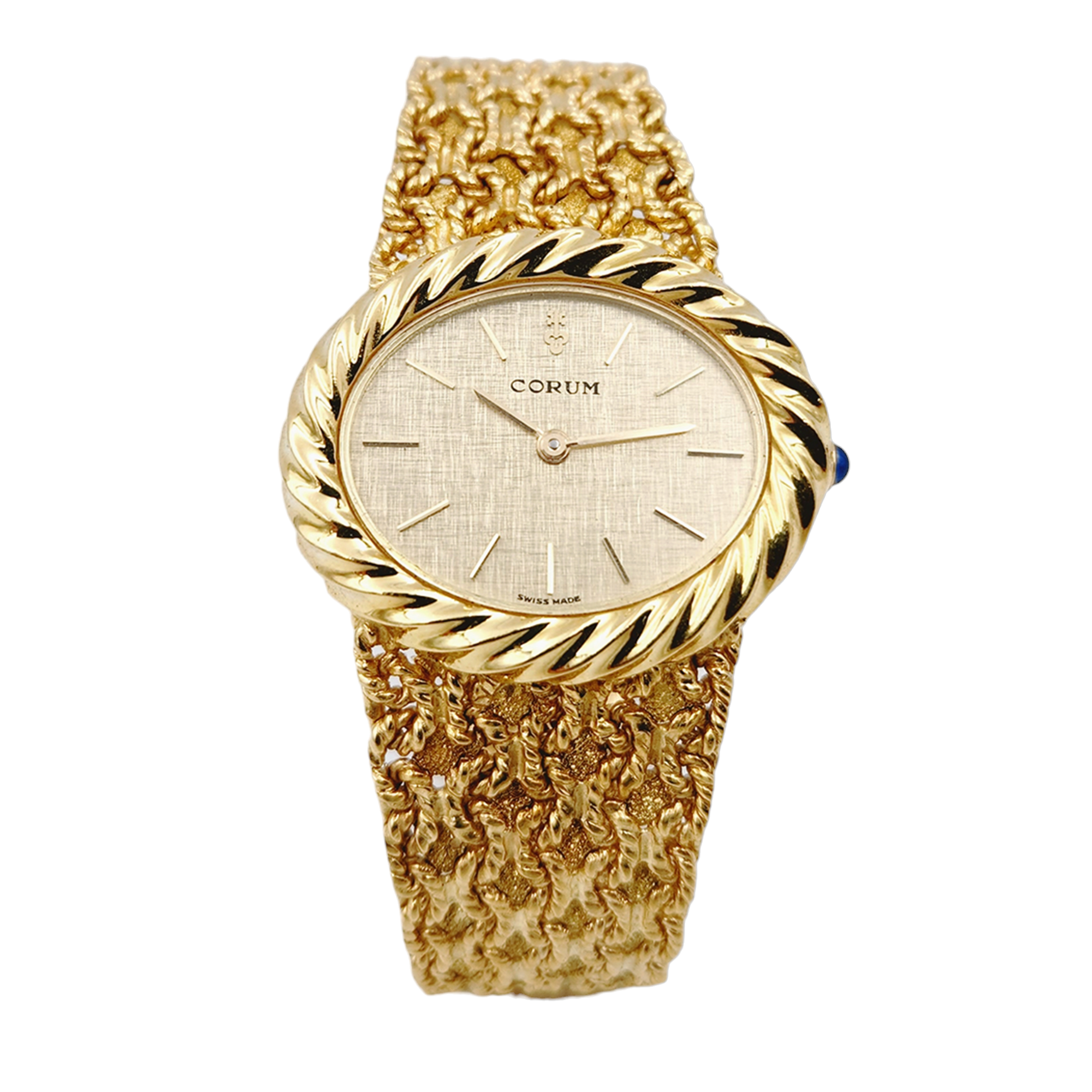 Ladies Corum 26mm x 30mm Oval Vintage 18K Yellow Gold Watch with Gold Dial and Weave Bezel. (Pre-Owned)