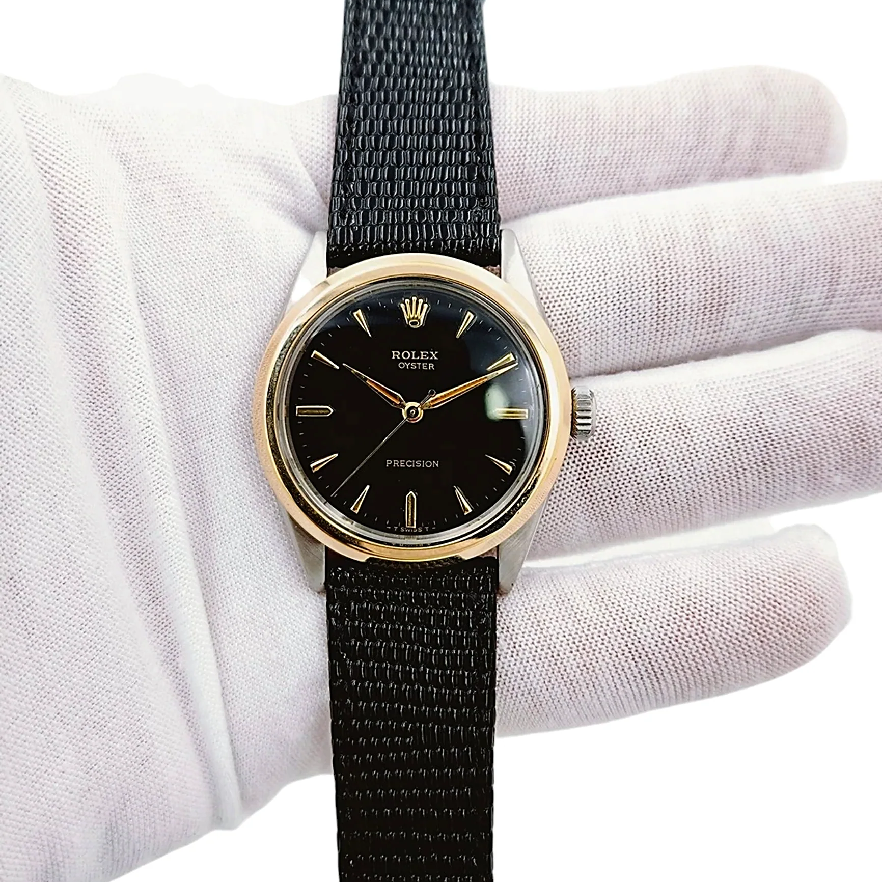 Men's Rolex 34mm Vintage Brevet 1955 Oyster Precision Two Tone Watch with Black Leather Strap and Black Dial. (Pre-Owned 6424)