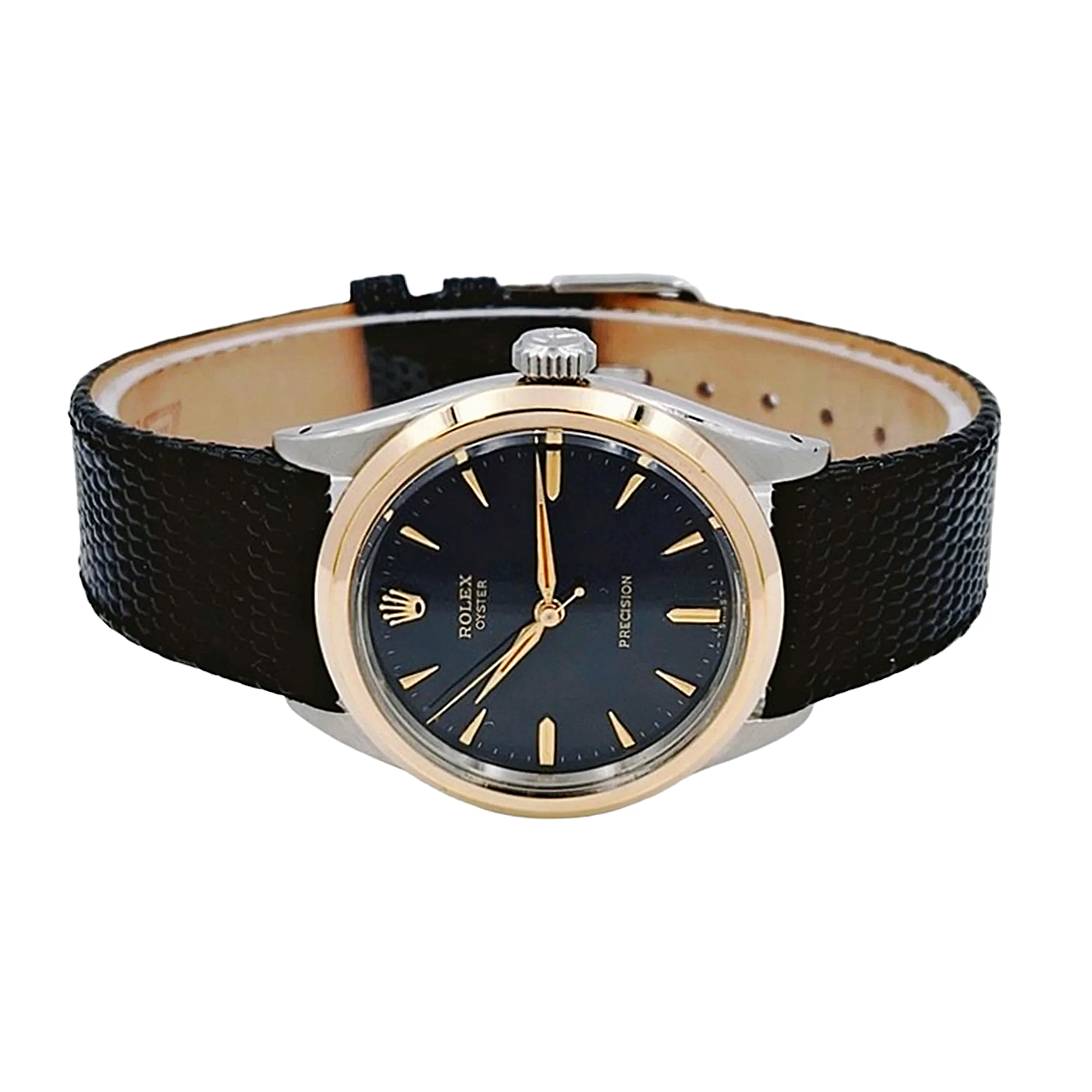 Men's Rolex 34mm Vintage Brevet 1955 Oyster Precision Two Tone Watch with Black Leather Strap and Black Dial. (Pre-Owned 6424)
