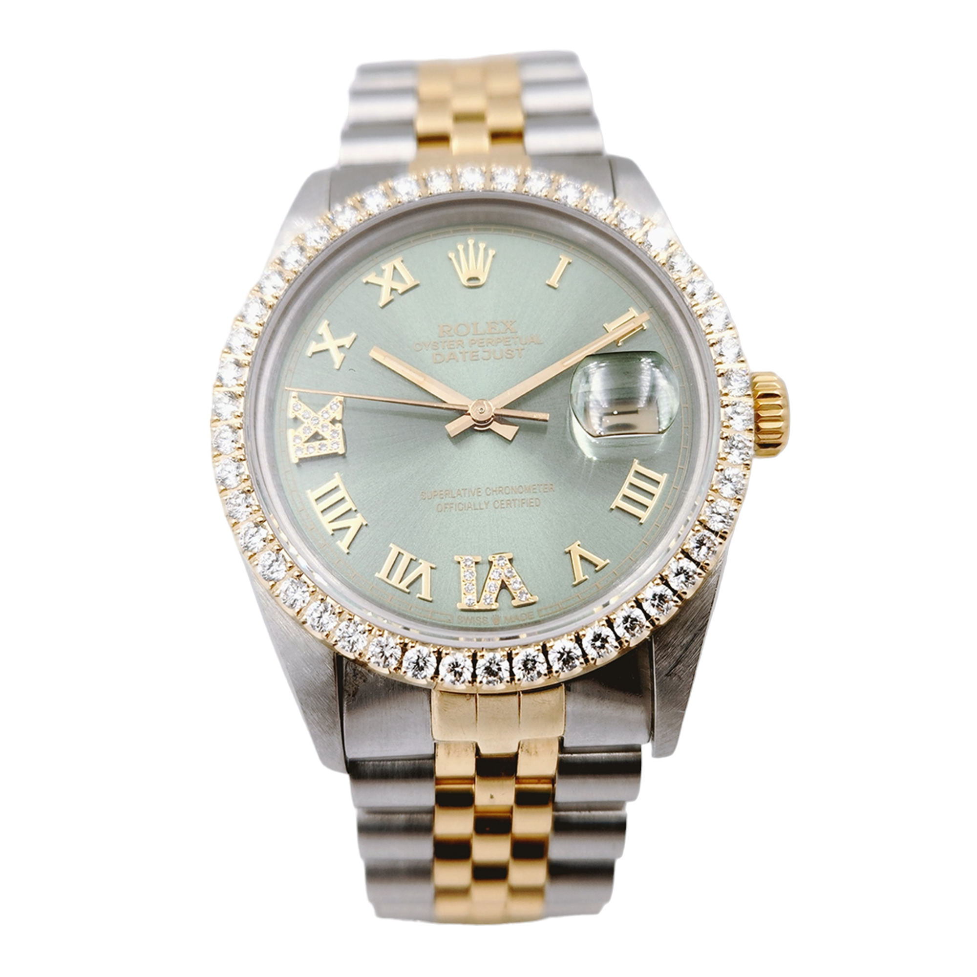 Men's Rolex 36mm DateJust Two Tone 18K Yellow Gold / Stainless Steel Watch with Green Dial and Diamond Bezel. (Pre-Owned 16013)