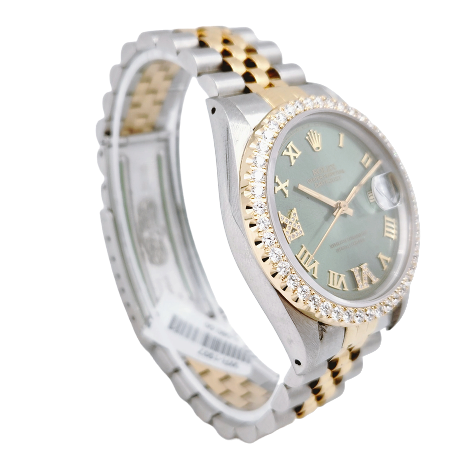 Men's Rolex 36mm DateJust Two Tone 18K Yellow Gold / Stainless Steel Watch with Green Dial and Diamond Bezel. (Pre-Owned 16013)