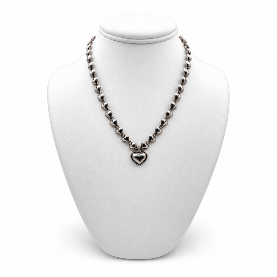 Tiffany & Co. Puff Heart Pendant Sterling Silver with Heart Link Chain 15" Necklace. (Pre-Owned)