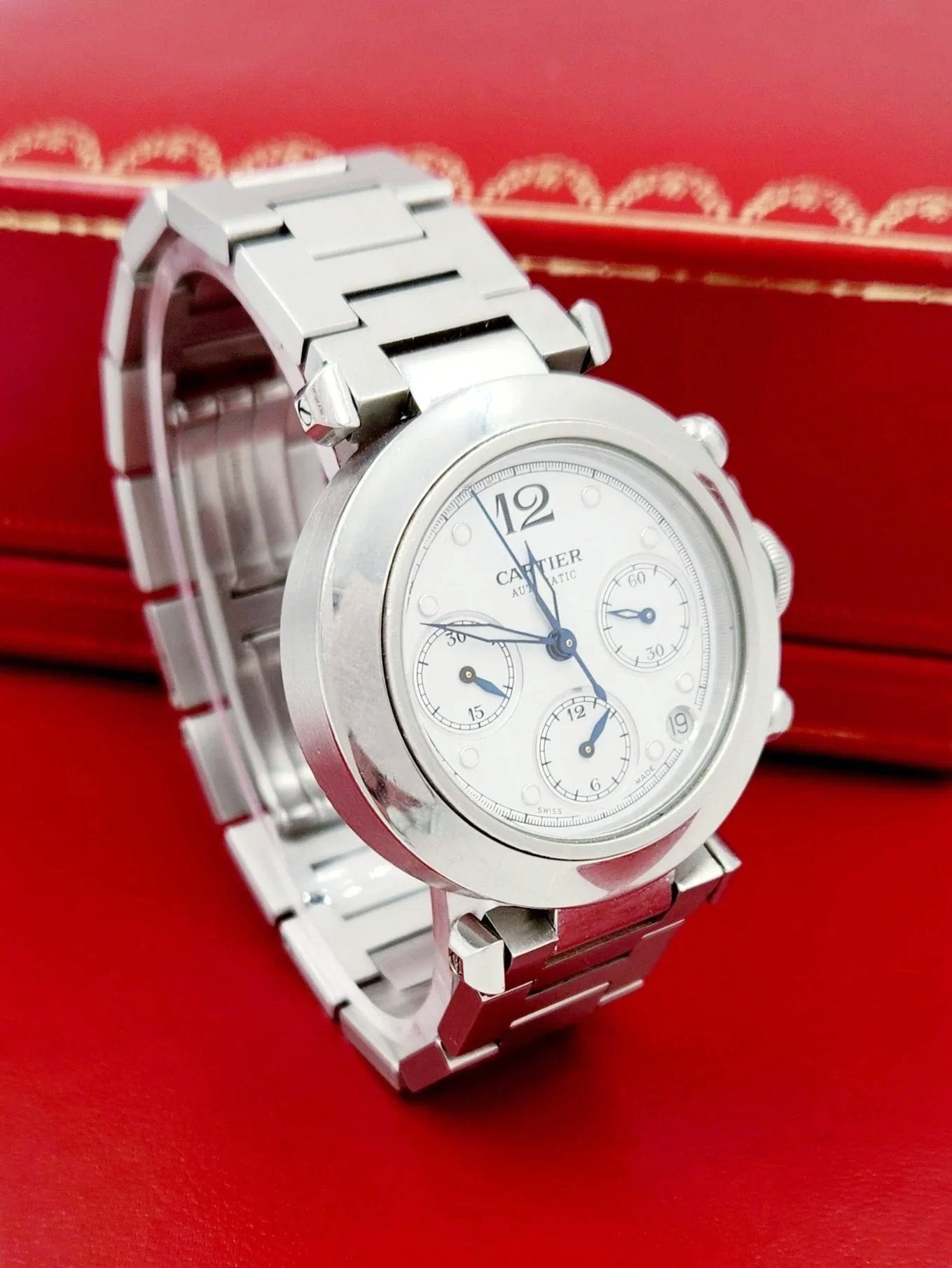 Unisex Medium 36mm Cartier Pasha Chronograph Automatic Watch with White Dial in Matte Stainless Steel. (Pre-Owned 2412)
