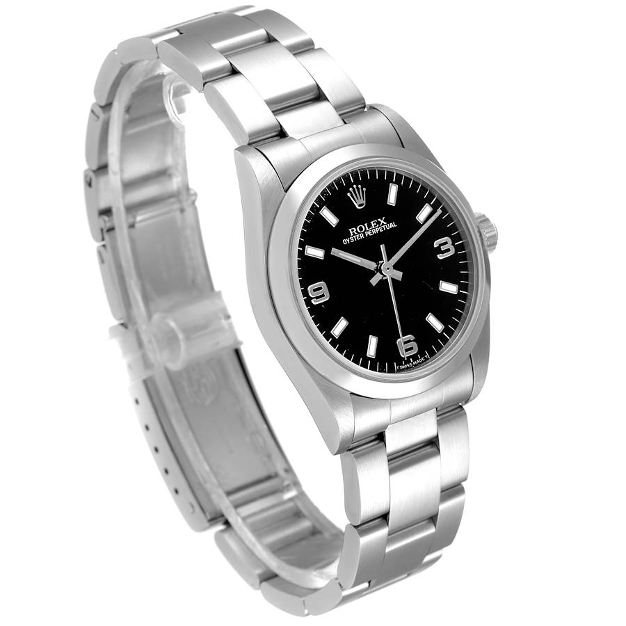 Ladies Rolex 31mm Midsize Oyster Perpetual Stainless Steel Wristwatch w/ Black Dial & Smooth Bezel. (Pre-Owned 67480)