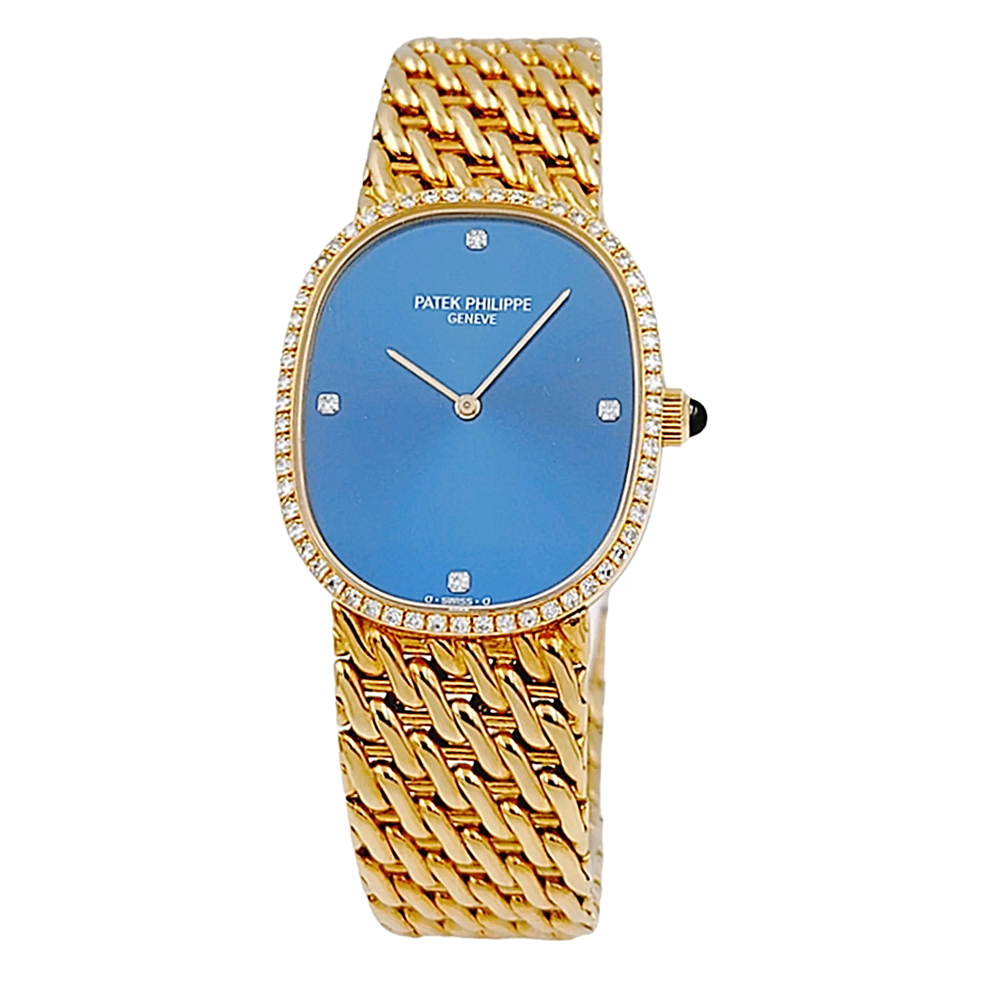 Unisex Patek Philippe Ellipse 18K Yellow Gold Watch with Blue Diamond Dial and Diamond Bezel. (Pre-Owned)