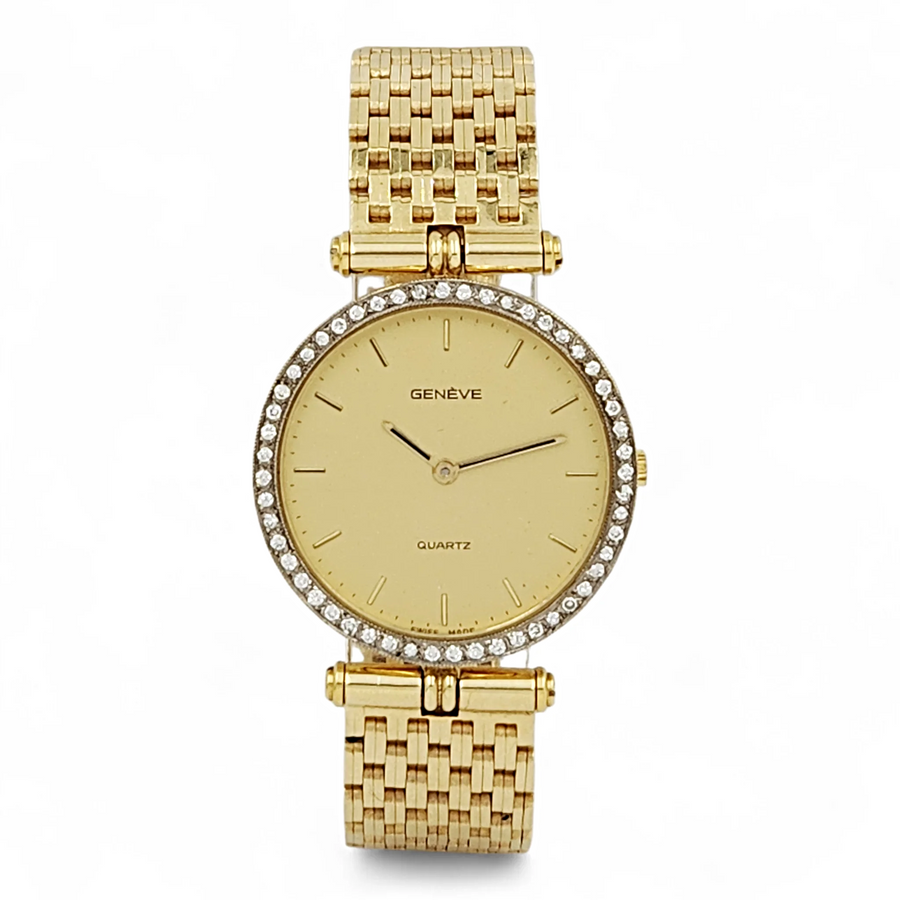 Vintage Ladies Geneve 31mm 14K Yellow Gold Watch with Gold Dial and Diamond Bezel. (Pre-Owned)