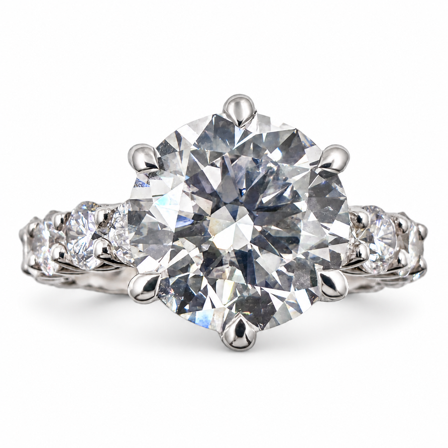 14k White Gold Ring with 3.02 Ct. Lab Grown Round Diamond and 2.48 Ct. Side Diamonds. (Size 6.75)