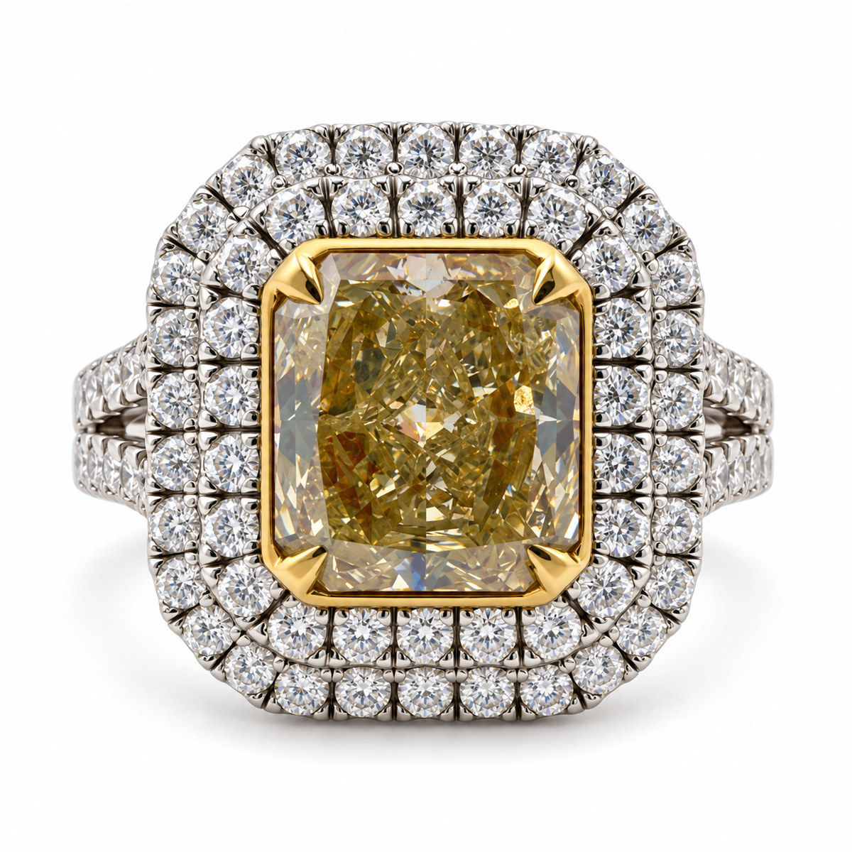 18k Two Tone Gold Ring with 2.40 Ct. Natural Fancy Yellow Cushion Cut Diamond. (Size 6.25)