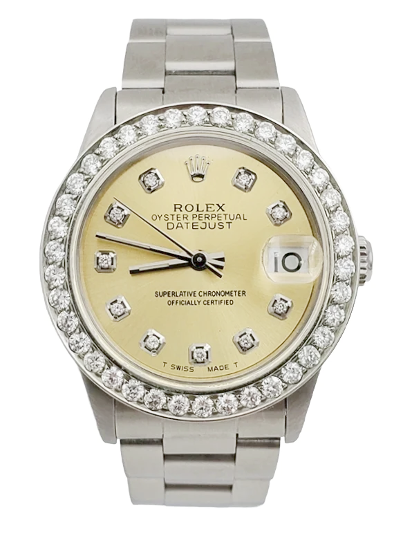 Ladies Midsize Rolex DateJust 31mm Stainless Steel Wristwatch w/ Champagne Diamond Dial & Diamond Bezel. (Pre-Owned)