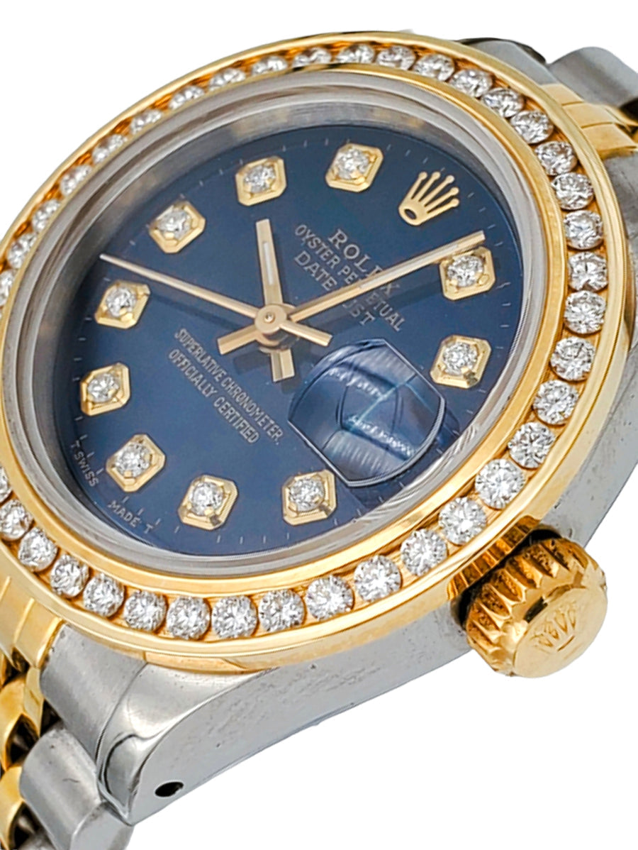 Ladies Rolex 26mm DateJust Jubilee Two Tone 18K Gold Wristwatch w/ Royal Blue Diamond Dial & Diamond Bezel. (Pre-Owned)