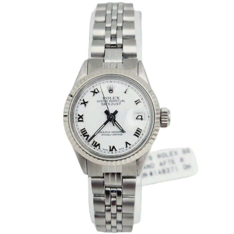 Ladies Rolex 26mm DateJust Stainless Steel Wristwatch w/ White Dial & Fluted Bezel. (Pre-Owned)