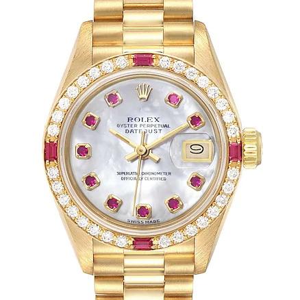 Ladies Rolex 26mm Presidential 18K Solid Yellow Gold Watch with Mother of Pearl Ruby Dial and Diamond Bezel. (NEW 69178)