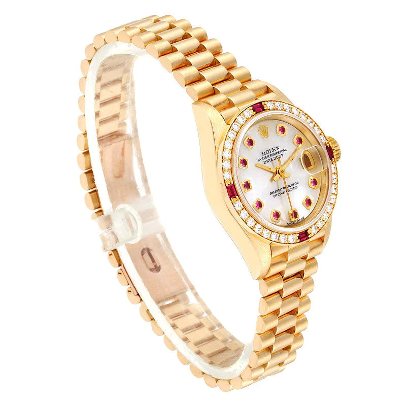 Ladies Rolex 26mm Presidential 18K Solid Yellow Gold Watch with Mother of Pearl Ruby Dial and Diamond Bezel. (NEW 69178)