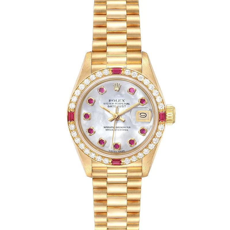 Ladies Rolex 26mm Presidential 18K Solid Yellow Gold Wristwatch w/ Mother of Pearl Ruby Dial & Diamond Bezel. (UNWORN 69178)
