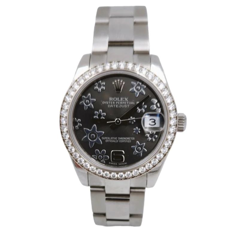 Ladies Rolex 31mm Midsize DateJust Stainless Steel Watch with Floral Dial and Diamond Bezel. (Pre-Owned 178384)