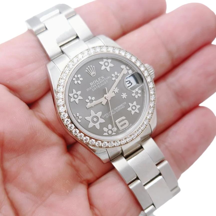 Ladies Rolex 31mm Midsize DateJust Stainless Steel Watch with Floral Dial and Diamond Bezel. (Pre-Owned 178384)