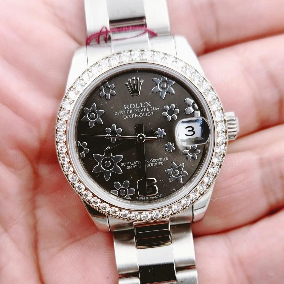 Ladies Rolex 31mm Midsize DateJust Stainless Steel Wristwatch w/ Floral Dial & Diamond Bezel. (Pre-Owned 178384)