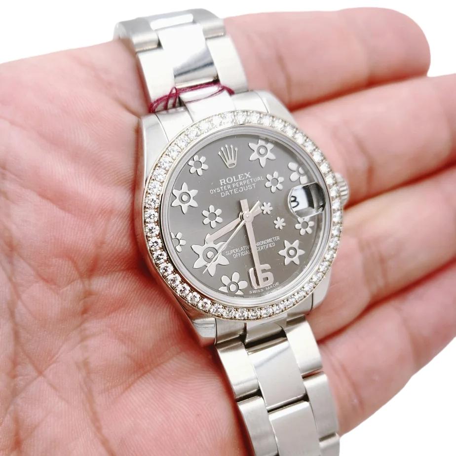 Ladies Rolex 31mm Midsize DateJust Stainless Steel Wristwatch w/ Floral Dial & Diamond Bezel. (Pre-Owned 178384)