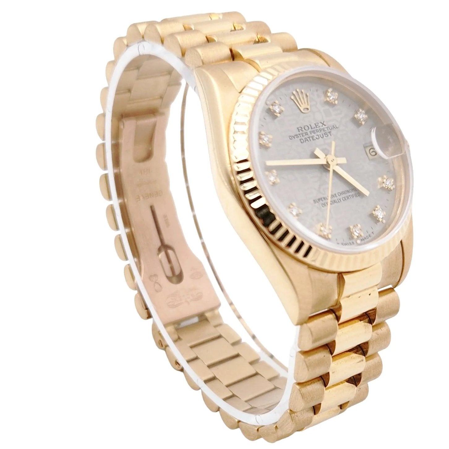 Ladies Rolex 31mm Midsize Presidential 18K Solid Yellow Gold Watch with Silver Diamond Dial and Fluted Bezel. (Pre-Owned)