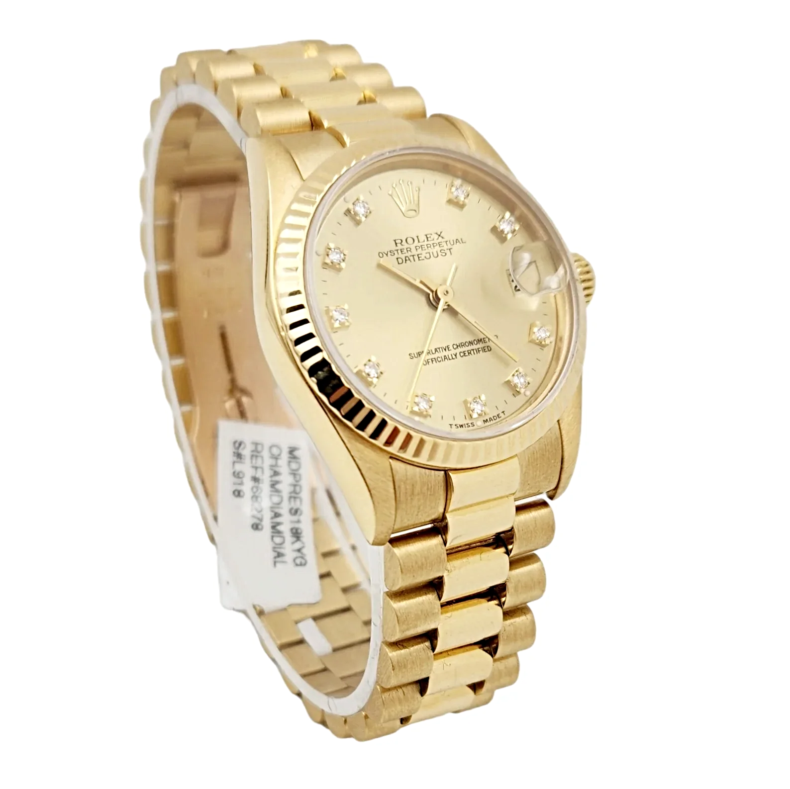 🏷️ PRICE CUT Ladies Rolex 31mm Midsize Presidential 18K Solid Yellow Gold Watch with Champagne Diamond Dial and Fluted Bezel. (Pre-Owned 68278)