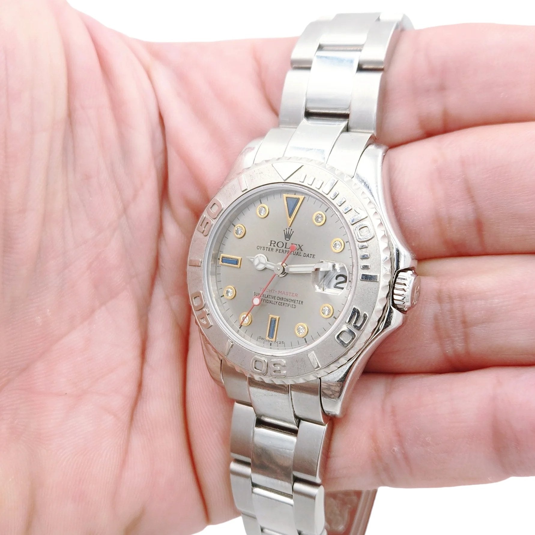 Ladies Rolex 36mm Midsize Yacht Master Platinum / Stainless Steel Watch with Silver Diamond Dial and Rotatable Platinum Bezel. (Pre-Owned 168622)