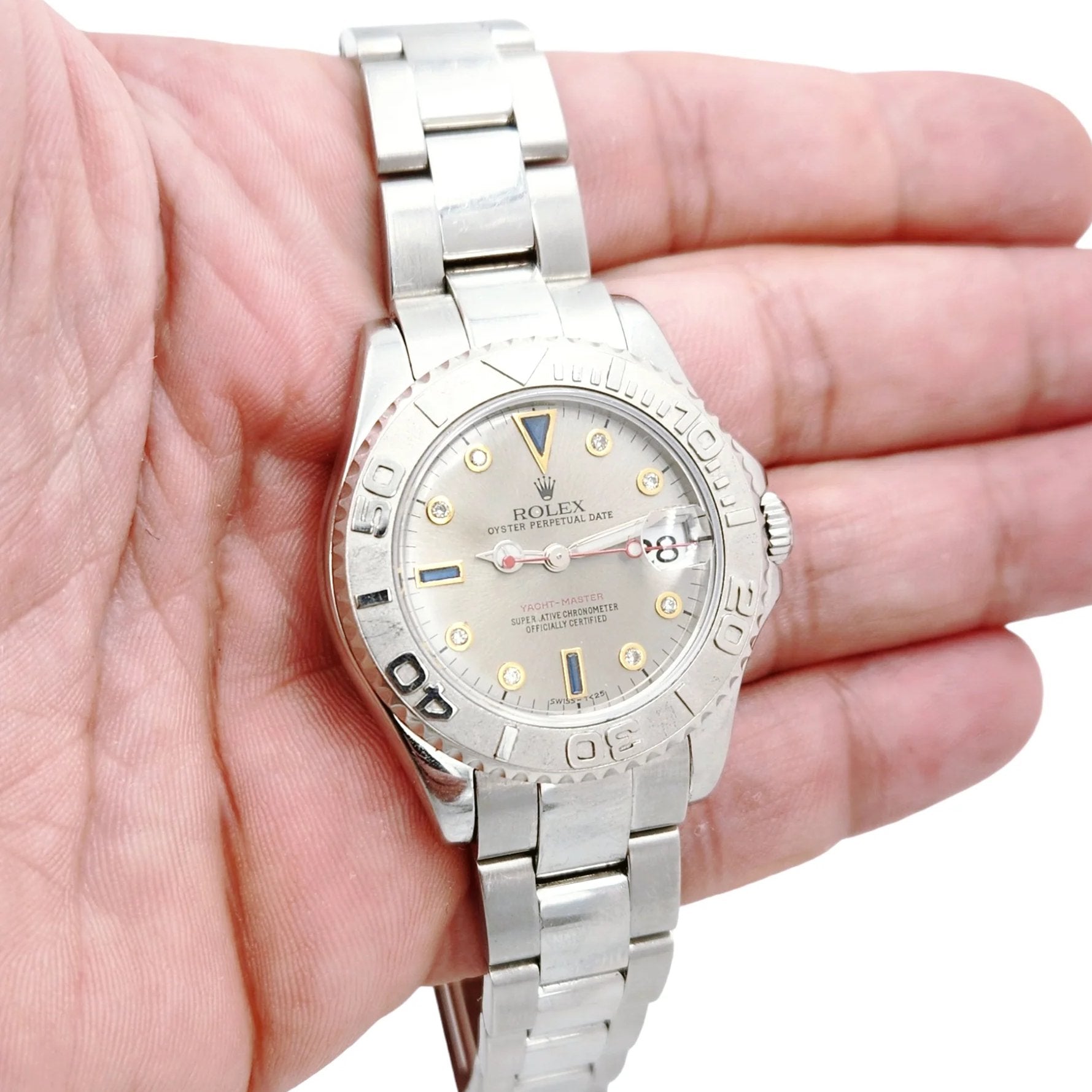 Ladies Rolex 36mm Midsize Yacht Master Platinum / Stainless Steel Watch with Silver Diamond Dial and Rotatable Platinum Bezel. (Pre-Owned 168622)