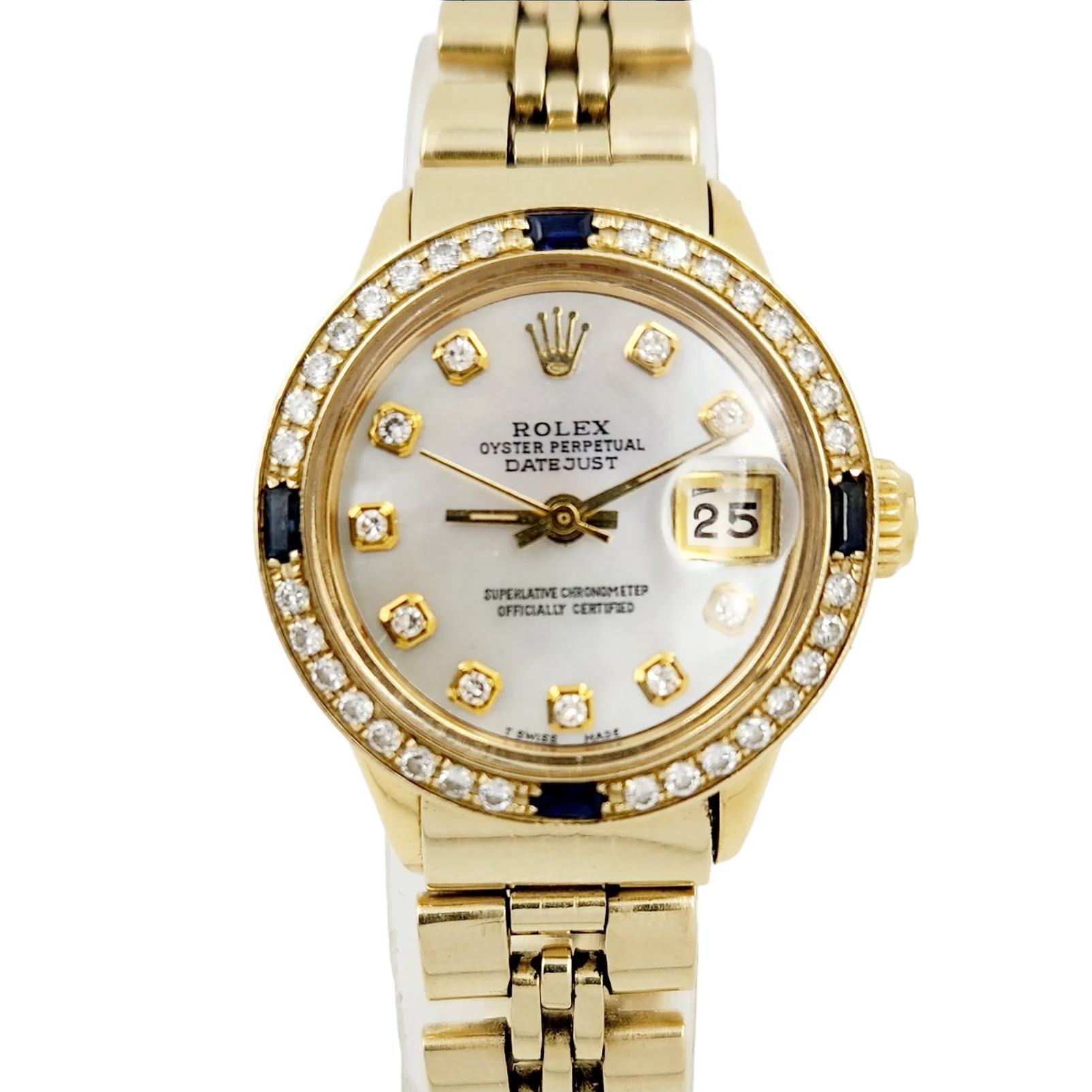 Ladies Rolex DateJust 26mm Vintage Solid 14K Yellow Gold Watch with Mother of Pearl Diamond Dial and Blue Sapphire Diamond Bezel. (Pre-Owned 6517)