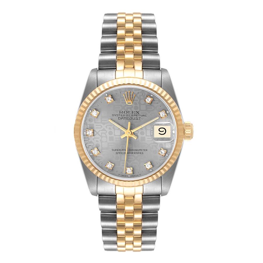 Ladies Rolex Midsize 31mm DateJust Two Tone 18K Yellow Gold / Stainless Steel Wristwatch w/ Silver Diamond Dial & Fluted Bezel. (Pre-Owned 682735)