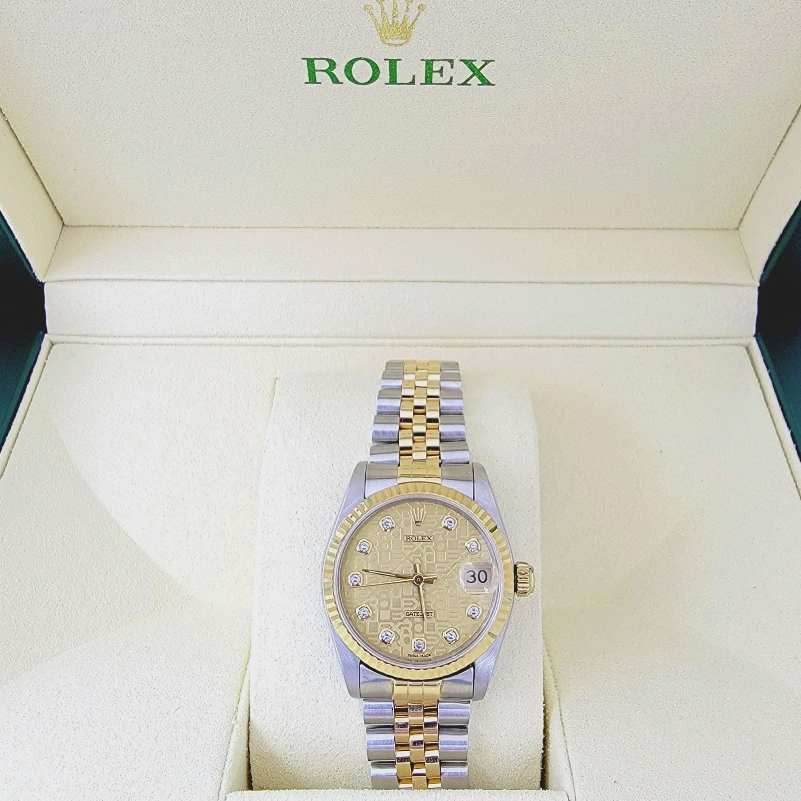 Ladies Rolex Midsize 31mm DateJust Two Tone 18K Yellow Gold / Stainless Steel Wristwatch w/ Hologram Diamond Dial & Fluted Bezel. (Pre-Owned 68273)